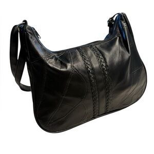 Black Patch Leather Shoulder Bag with Braided Detail with Matching Coin Purse